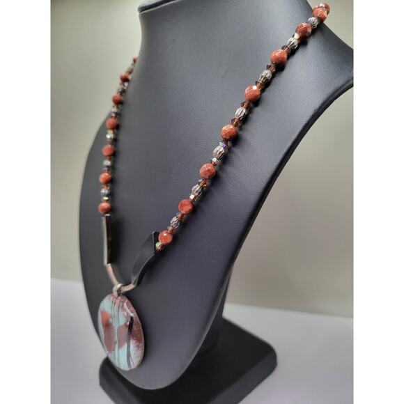 Fused Glass Art Pendant Necklace Goldstone Beaded Boho Statement 19 In - Picture 8 of 13